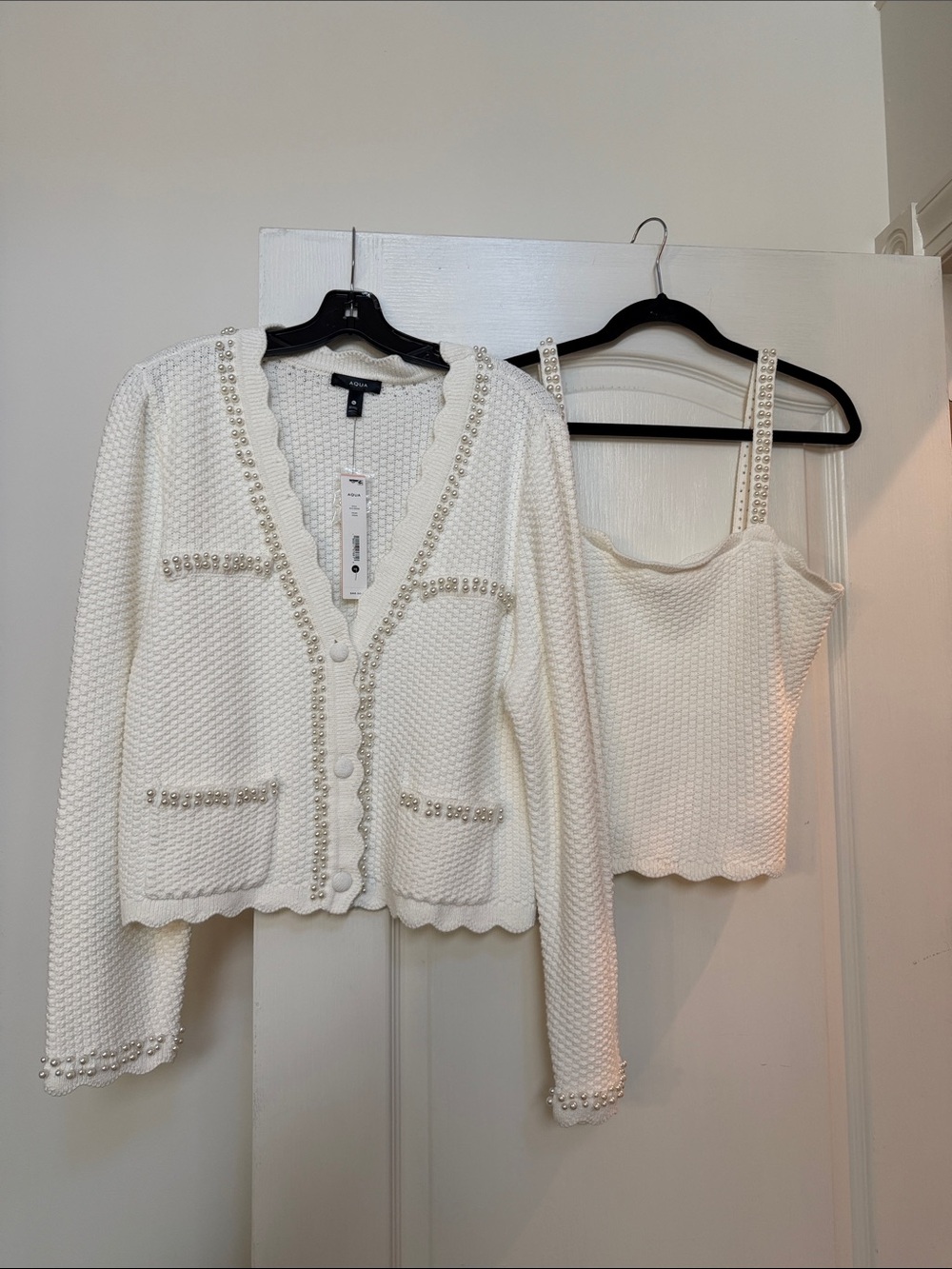 Aqua Cream Beaded Knit Cardigan & Tank Set